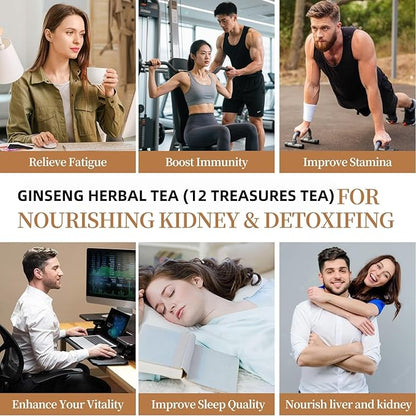 Premium Ginseng Tea - Natural Organic Kidney and Liver Detox Tea - 12 Herbal Blend with Goji Berry，Jujube, Longan, Mulberry & Maca - Caffeine & Sugar Free - 25 Individually Wrapped Pyramid Large Tea Bags (250g)