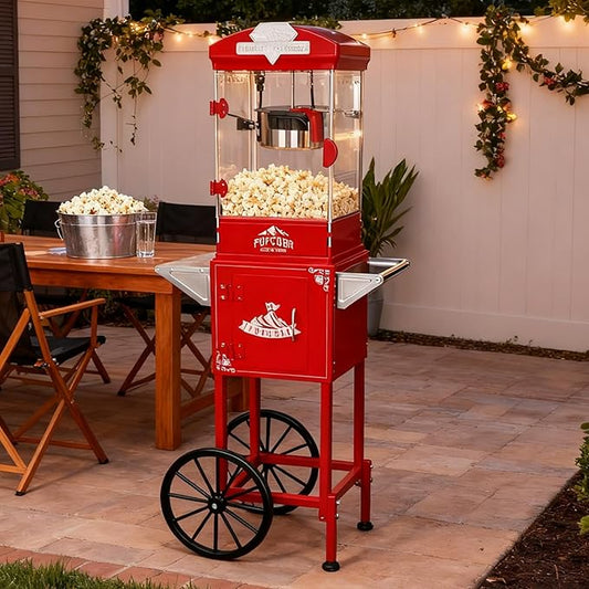 10oz Popcorn Machine with Cart, Wheels & Stainless Steel Kettle, Vintage Movie Theater Style, Popcorn Maker Machine for Parties, Events, Home & Commercial Use, Red