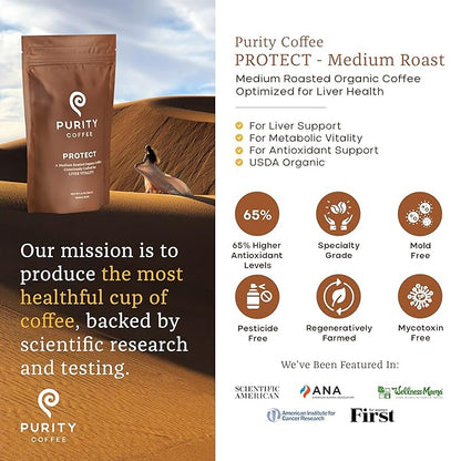 Purity Coffee PROTECT Highest Antioxidant Light-Medium Roast - USDA Certified Organic Specialty Grade Arabica Whole Bean Coffee - Third Party Tested for Mold, Mycotoxins, Pesticides - 12 oz Bag