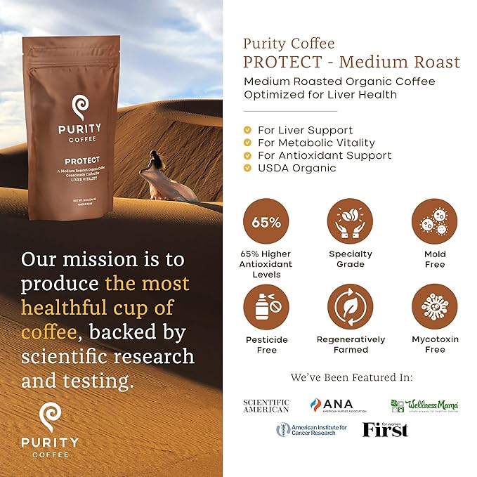 Purity Coffee PROTECT Highest Antioxidant Light-Medium Roast - USDA Certified Organic Specialty Grade Arabica Whole Bean Coffee - Third Party Tested for Mold, Mycotoxins, Pesticides - 12 oz Bag