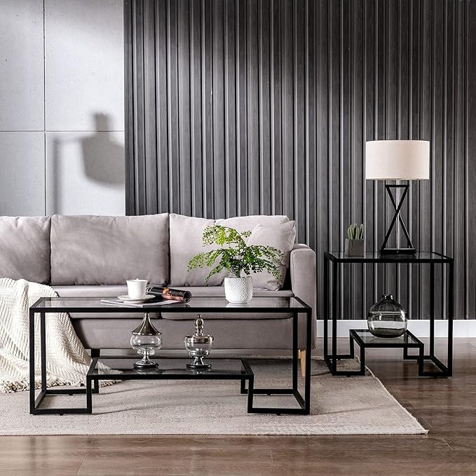COSVALVE Modern 21 inch Accent Tempered Glass Top End Table, Black Legs Side Table, Line Metal Frame, Minimalist Metal Style for Living Room Home Furniture Office Decor