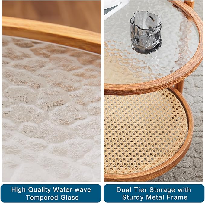 VINGLI 38" Rattan Oval Coffee Table, Water-Wave Glass Metal Center Table, Modern Coffee Table with 2-Tier Storage, Farmhouse Coffee Table for Living Room and Small Space, Natural Vibe