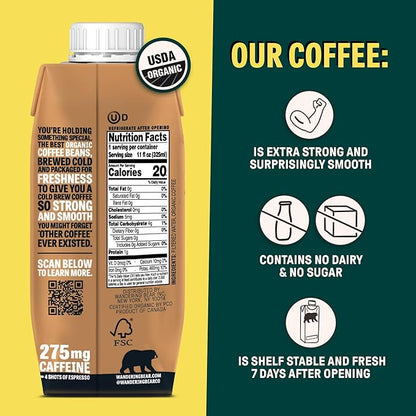 Wandering Bear Straight Black Organic Cold Brew Coffee On-the-Go, 11 fl oz, 12 pack - Extra Strong, Bold, Smooth, Unsweetened, Shelf-Stable, Ready to Drink, 100% Organic Iced Cold Brewed Coffee Drinks