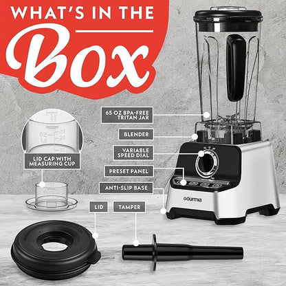 Gourmia Heavy Duty Countertop Blender – 2L BPA-Free Pitcher, 1500W High-Speed Motor, 45,000 RPM, 4 Presets, Variable Speed Dial, Built-In Tamper, Dishwasher-Safe Parts, Stainless Steel