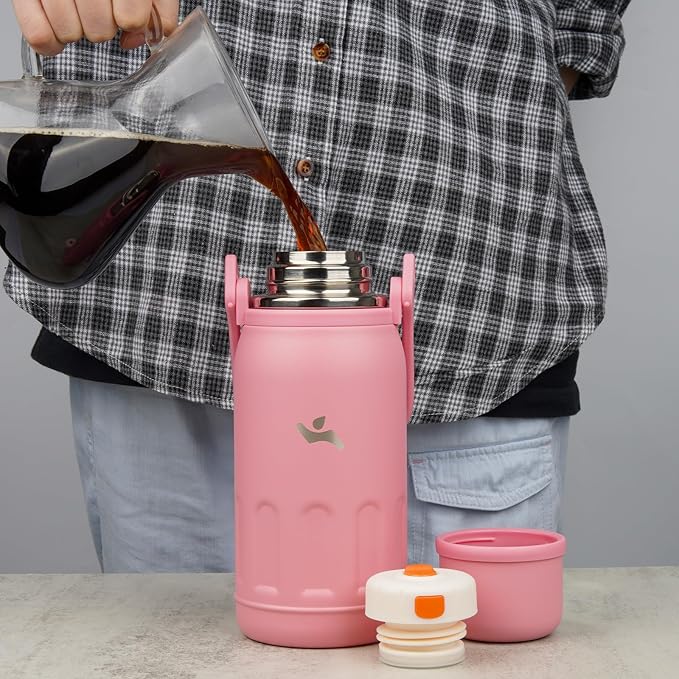 Insulated Water Bottle with Handle and Strap,Vacuum Travel Tumbler with Cup Lid,Thermo Coffee Cup for Hot Cold Drinks 40 OZ,Pink