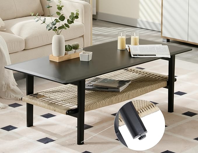 Black Coffee Table for Living Room Farmhouse Coffee Table with Natural Rattan Storage Shelf Large 2-Tier Rectangular Center Table for Living Room Reception