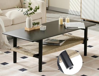 Black Coffee Table for Living Room Farmhouse Coffee Table with Natural Rattan Storage Shelf Large 2-Tier Rectangular Center Table for Living Room Reception