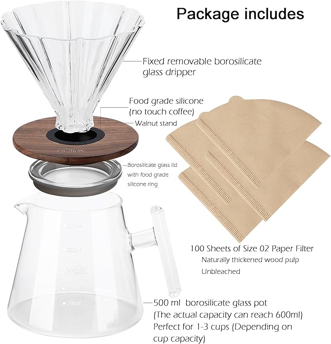 Pour Over Coffee Maker, 20 oz Borosilicate Glass Set with 100 pcs Paper Filter, Walnut Collar & Glass Lid, Drip Coffee Maker, 1-3 Cups, Clear, 600 ml(glass handle)