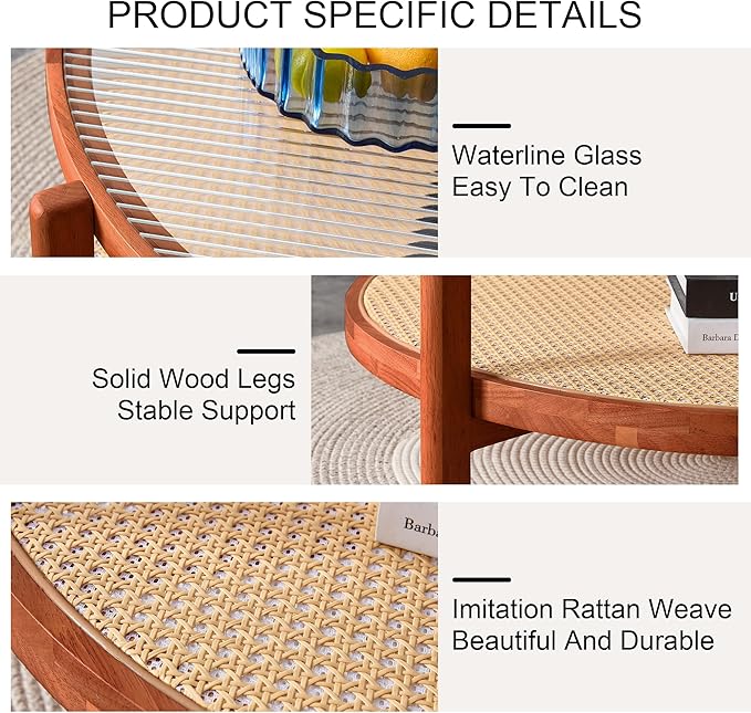 Mid Century Modern Coffee Table with Glass Top and PE Rattan Storage Shelf, 2-Tier 35 Inch Solid Wood Round Boho Coffe Table, Unique Center Table for Livinig Room Apartment Small Space