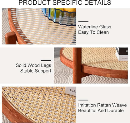 Mid Century Modern Coffee Table with Glass Top and PE Rattan Storage Shelf, 2-Tier 35 Inch Solid Wood Round Boho Coffe Table, Unique Center Table for Livinig Room Apartment Small Space