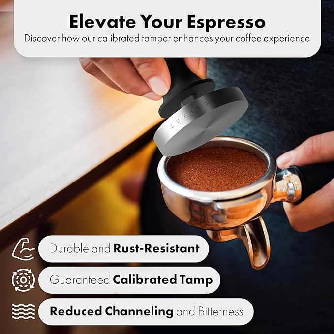 LuxHaus Espresso Tamper - 53mm Calibrated Coffee Tamper for Espresso Machine with Spring Loaded 100% Flat Stainless Steel Base