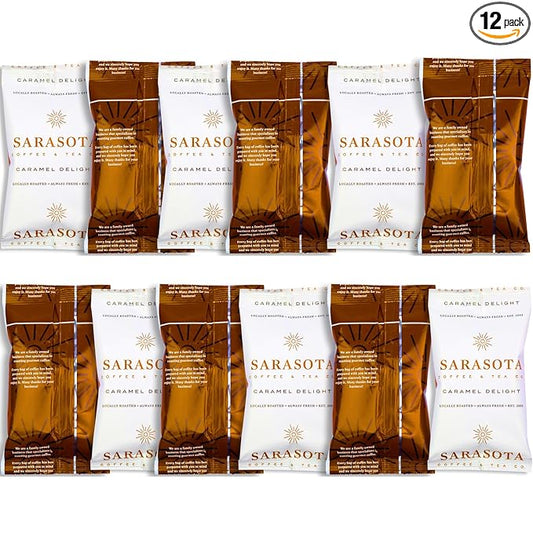 Coffee Packets – Salted Caramel Flavored Medium Roast Ground Coffee, Low Acid Mold Free 2 oz Packs for 12 Cup Brewers, Pre-Measured Fractional Packs, 12 Count Box – Sarasota