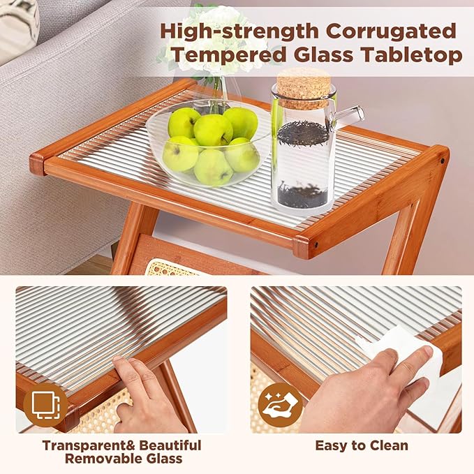 Rattan Side Table Set of 2, Rattan End Table Z-Shaped Boho Nightstand with Glass-top, Accent and Coffee Table for Bedroom Living Room Small Space