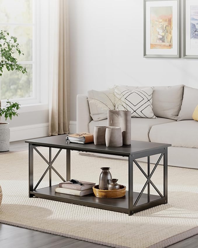 Rectangle Coffee Table for Living Room, Wood Rustic Coffee Table with 2 Tier and Metal Frame, Industrial Modern Center Table, Dark Brown