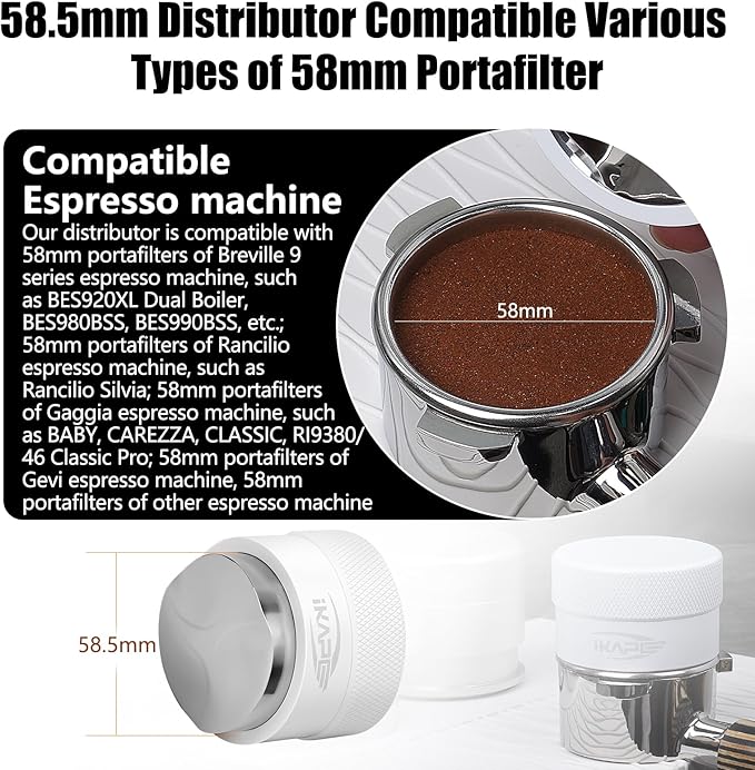 IKAPE 58MM Coffee Distributor, Gravity Adaptive Espresso Distributor Fits All Over 58MM Espresso Portafilter, Compatible with 58.35MM Rancilio Bottomless Portafilter (White)