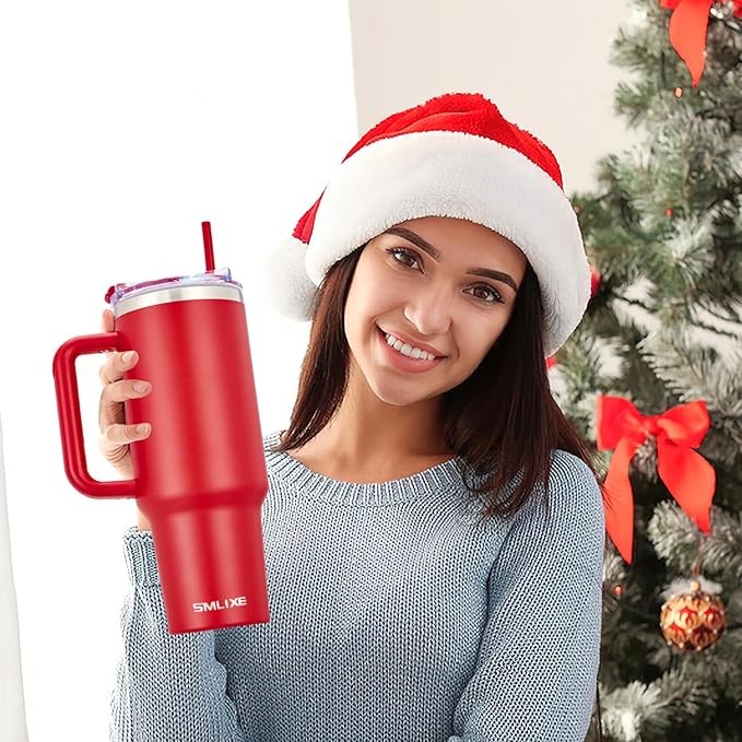 40 oz Tumbler with Handle and Straw Lid,Insulated Reusable Stainless Steel Water Bottle Travel Mug，Cupholder Friendly Double Wall Vacuum Sealed Cup (Cherry Red)