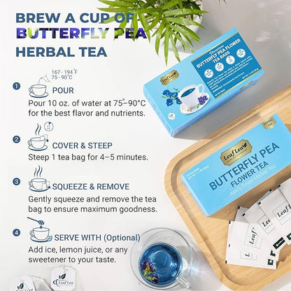 LeafLea 40 Butterfly Pea Flower Tea Bags, Herbal Flower Tea for Relaxation, Mocktails, and Natural Food Coloring, Caffeine-Free, Sugar-Free, Non-GMO