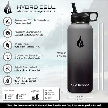 HYDRO CELL Stainless Steel Insulated Water Bottle with Straw - For Cold & Hot Drinks - Metal Vacuum Flask with Screw Cap and Modern Leakproof Sport Thermos for Adults (Graphite/Black 40oz)