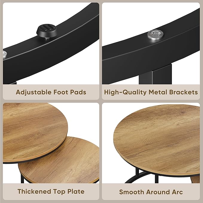Smuxee Nesting Coffee Table Set of 2, 27.6" Round Coffee Table Wood Grain Top with Adjustable Non-Slip Feet, Industrial End Table Side Tables for Living Room Bedroom Balcony Yard