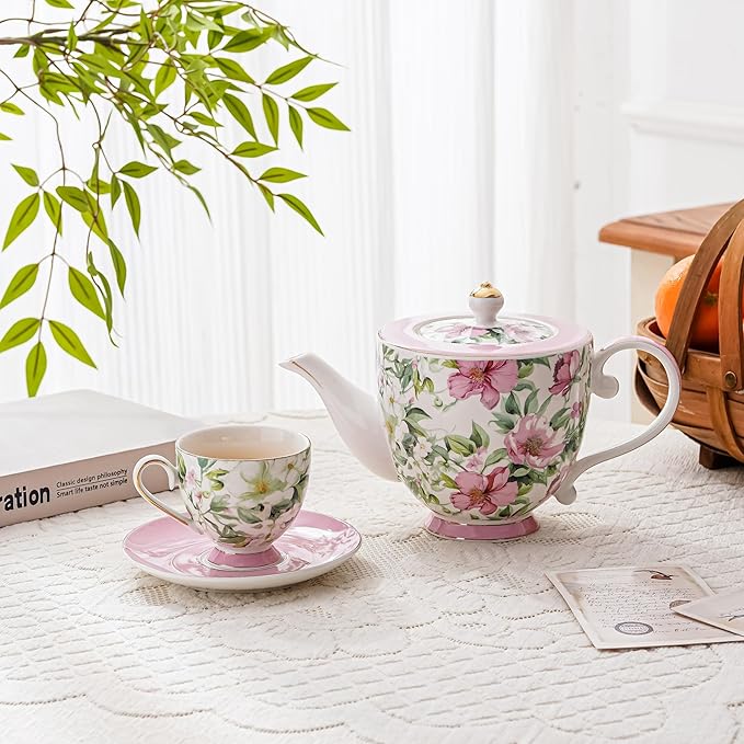 Flower Ceramic Teapot，28.7oz Blue Flower Teapot for Tea Party, Women's Gathering, Family Gathering (Pink)