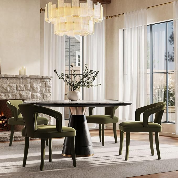 Olive-Green Velvet Dining Chairs Set of 4, Modern Upholstered Solid Wood Kitchen Chairs for Dining Room/Living Room/Restaurant