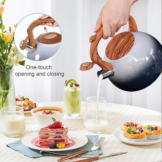 GGC Tea Kettle for Stove Top, 3.1QT/3L Whistling Tea Kettles for Boiling Water Coffee or Milk, Grey&Black Gradient kettle Pot with Wood Parttern Handle, Stainless Steel Pot for Home and Kitchen