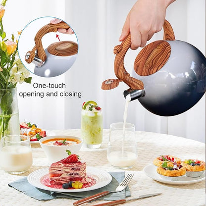 GGC Tea Kettle for Stove Top, 3.1QT/3L Whistling Tea Kettles for Boiling Water Coffee or Milk, Grey&Black Gradient kettle Pot with Wood Parttern Handle, Stainless Steel Pot for Home and Kitchen