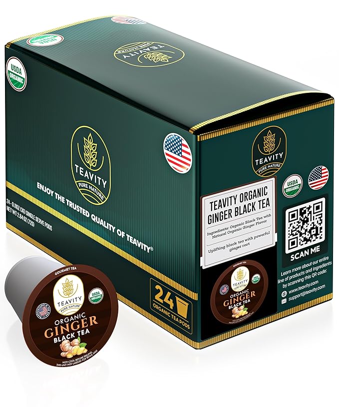 Organic Ginger Tea Pods for Keurig with Unsweet Black Tea for K Cup Brewing - Ginger Black Tea by Teavity (24 Tea Pods)