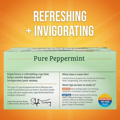 Twinings Pure Peppermint Herbal Tea Individually Wrapped Bags, 50 Count (Pack of 6), Fresh Minty Flavour, Naturally Caffeine-Free, Enjoy Hot or Iced, 300 Teabags