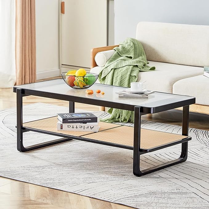 Mid Century Modern Coffee Table with Ribbed Glass Top and PE Rattan Storage Shelf, 45 Inch Rectangular Solid Wood Boho Coffe Table, Unique Center Table for Livinig Room Apartment Small Space