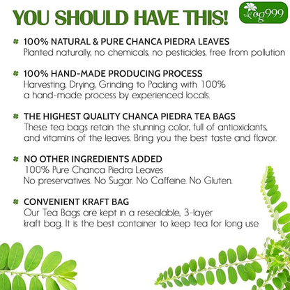 TOG999, 60 Tea bags Dried Chanca Piedra Leaves, Chanca Piedra Tea “Stone Breaker” 100% Natural & Pure. Made with Natural Material Tea Bags. No Sugar, No Caffeine, No Gluten, Vegan.