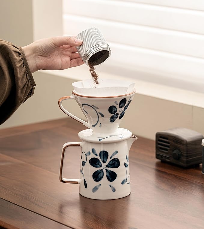 Pour Over Coffee Maker,Ceramic Coffee Maker With 40 pcs V60 Paper Filter，15oz/450ml Pour Over Coffee Dripper (Blue and white, V02)