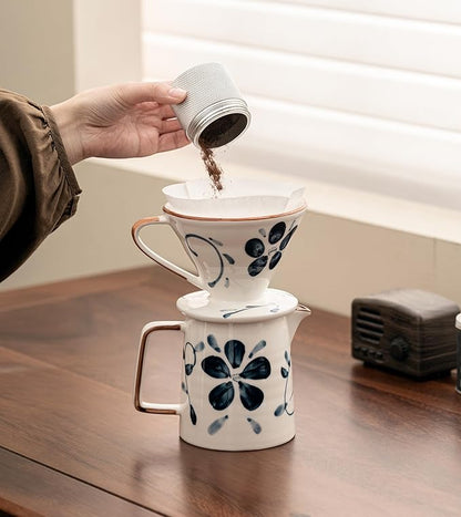 Pour Over Coffee Maker,Ceramic Coffee Maker With 40 pcs V60 Paper Filter，15oz/450ml Pour Over Coffee Dripper (Blue and white, V02)