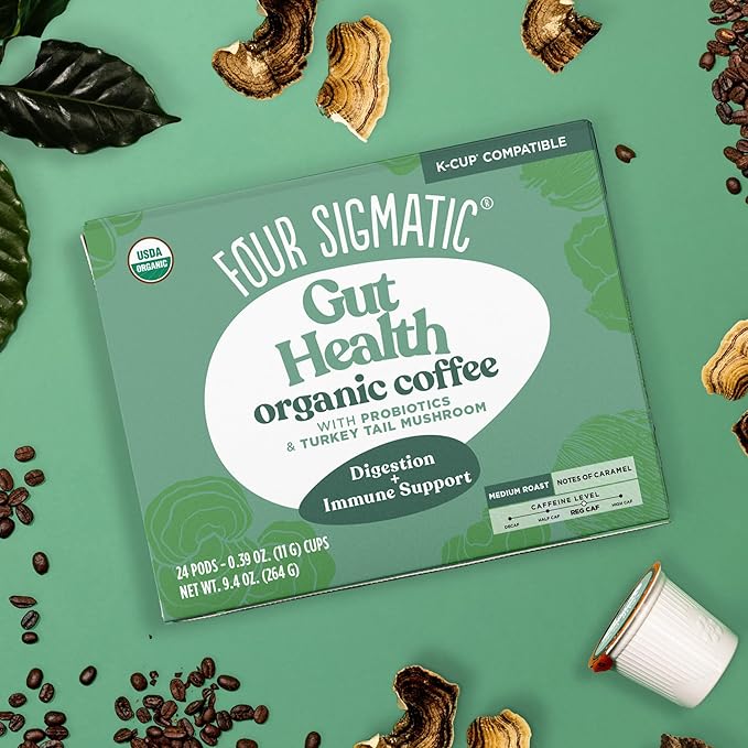 Four Sigmatic Gut Health Organic Coffee Pods | Medium Roast Probiotic K Cups with Chaga and Turkey Tail | Immune Boosting, Probiotic Mushroom Coffee K Cups for Gut Health and Immune Support | 24 Count
