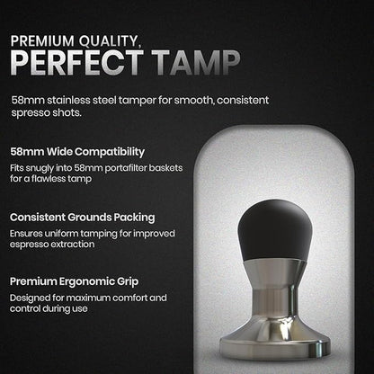 Rattleware Stainless Steel Round Tamper - Premium Ergonomic Grip, Perfect for Espresso Machines, Consistent Grounds Packing & Durable Design (Small - 58mm Dia)