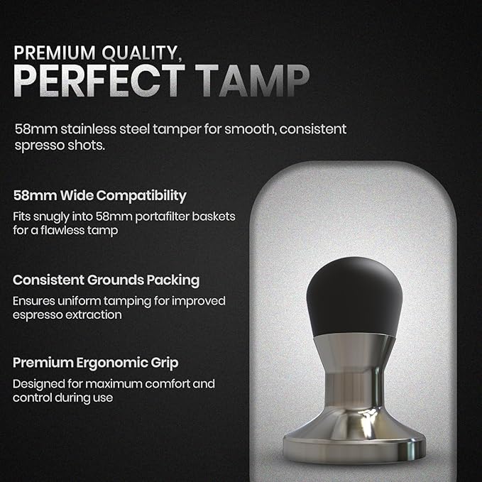 Rattleware Stainless Steel Round Tamper - Premium Ergonomic Grip, Perfect for Espresso Machines, Consistent Grounds Packing & Durable Design (Small - 58mm Dia)