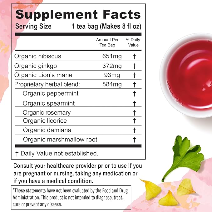 Numi Organic Damiana Focus Herbal Tea, 48 Tea Bags, Caffeine‑Free Blend with Damiana Ginkgo Lion’s Mane Hibiscus Mint Licorice & Marshmallow for Mental Clarity and Energy