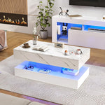 Load image into Gallery viewer, 39.4" Large High-Glossy LED Coffee Table with 2 Sliding Drawers, Living Room Storage Coffee Tables with Marbling Print, Modern Stylish Double-Layer Center Tables w/LED Lights, White