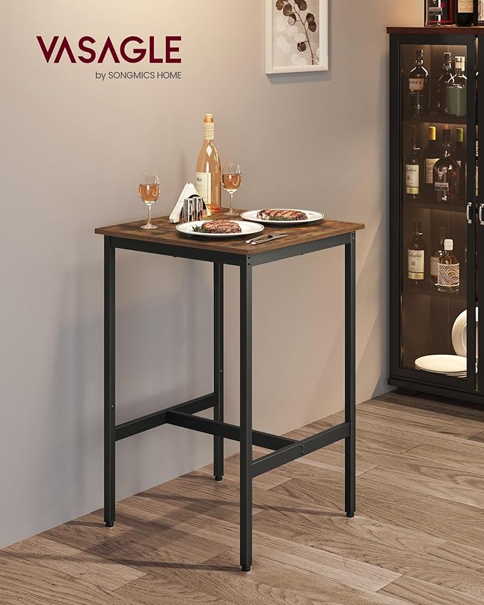 VASAGLE Bar Table, Small Kitchen Dining Table, High Top Pub Table, Bar Height Cocktail Table for Living Room Party, Sturdy Metal, 23.6 x 23.6 x 35.4 Inches for Narrow Spaces, Rustic Brown and Black