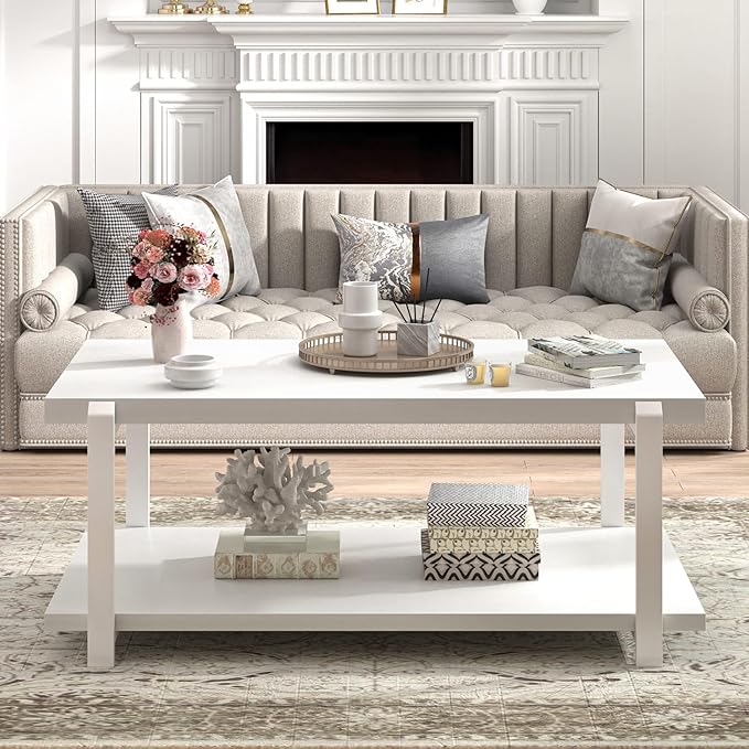 FOLUBAN White Coffee Table, Modern Rustic Wood and Metal Center Table with Storage Shelf, Rectangle Cocktail Tea Table for Living Room, 42 Inch