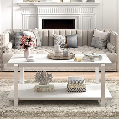 FOLUBAN White Coffee Table, Modern Rustic Wood and Metal Center Table with Storage Shelf, Rectangle Cocktail Tea Table for Living Room, 42 Inch