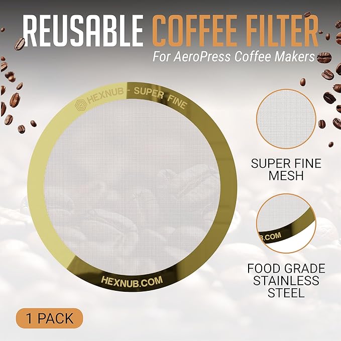HEXNUB - Reusable Metal Filter for AeroPress Coffee Maker, Stainless Steel Filter Fits AeroPress Original & Go Coffee Press, Fuller Bodied Coffee Than Paper Filters - GOLD MESH