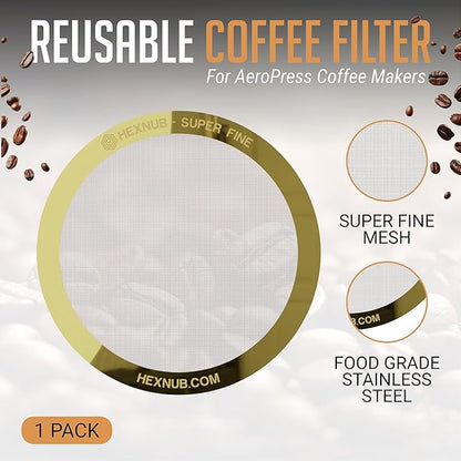 HEXNUB - Reusable Metal Filter for AeroPress Coffee Maker, Stainless Steel Filter Fits AeroPress Original & Go Coffee Press, Fuller Bodied Coffee Than Paper Filters - GOLD MESH