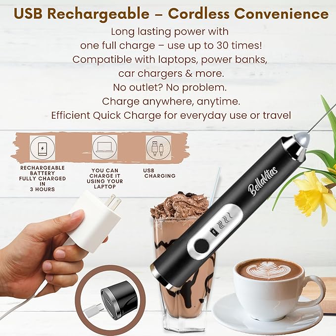 Milk Frother Handheld Rechargeable 3-Speed Electric Frother Wand Whisk Foam Maker Drink Mixer with Stand, 2 Whisks, Spice Shaker, Art Stencils, Art Pen for Coffee Latte, Cappuccino, Black