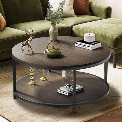 NSdirect 36 inches Round Coffee Table, Rustic Wooden Surface Top & Sturdy Metal Legs Industrial Sofa Table for Living Room Modern Design Home Furniture with Storage Open Shelf (Black Walnut, 36 in)