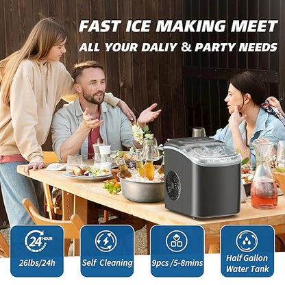 Ice Maker Countertop, 26lbs/24H, 9 Bullet Ice Cubes Ready in 6 Mins, Auto-Cleaning Portable Ice Maker with Basket & Scoop, Removable Top Cover, Quiet Ice Machine for Home/Kitchen/Camping/RV (Black)