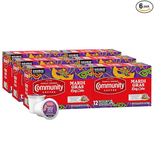 Community Coffee Mardi Gras King Cake Flavored 72 Count Coffee Pods, Medium Roast, Compatible with Keurig 2.0 K-Cup Brewers (Pack of 6, 72 Count)