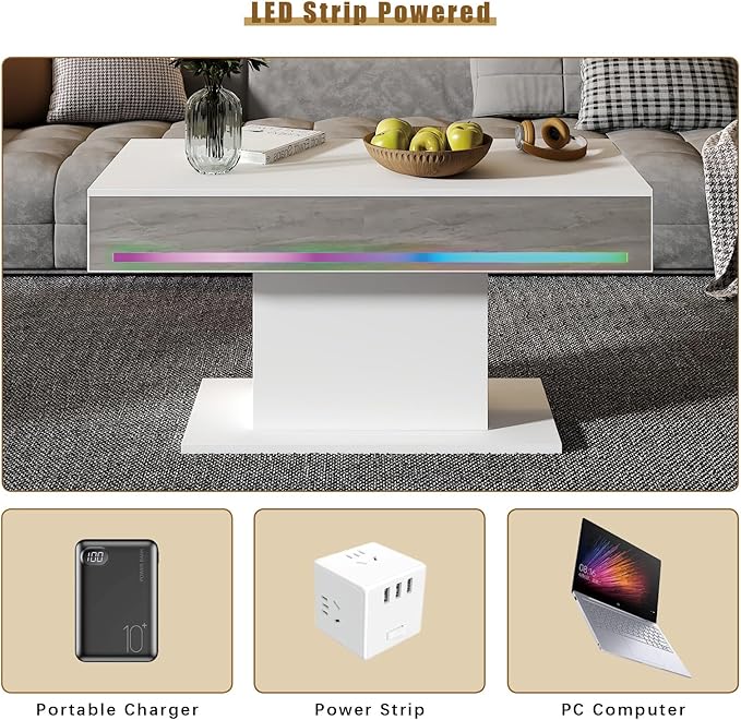 Led Coffee Table for Living Room, Living Room Table Rectangular Center Table, Modern Wooden Coffee Tables with 16 Colors LED Lights for Dining Reception Room