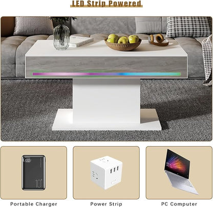 Led Coffee Table for Living Room, Living Room Table Rectangular Center Table, Modern Wooden Coffee Tables with 16 Colors LED Lights for Dining Reception Room