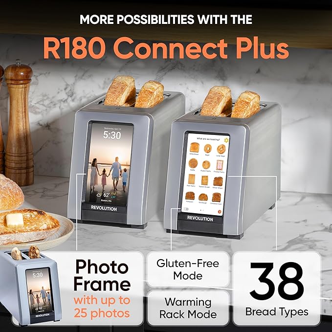 Revolution R180 Connect Plus Smart Toaster with Touchscreen – Choose from 40+ Bread Types, 7 Browning Levels, & Toastie Press Mode – Digital Picture Frame, Weather Widget, and Clock